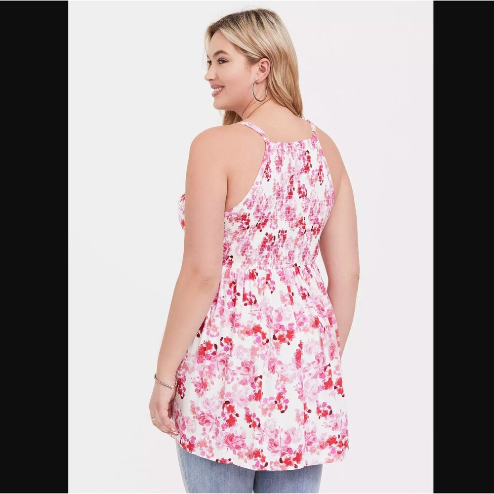 Torrid Floral Babydoll Cami Top 2X 18 20 White Pink Smocked Challis Tunic Boho - Picture 6 of 8